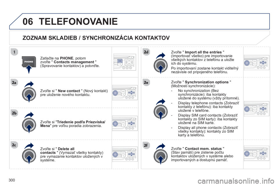 PEUGEOT 5008 2013 Návod na použitie (in Slovakian) 300
06TELEFONOVANIE
ZOZNAM SKLADIEB / SYNCHRONIZÁCIA KONTAKTOV
Zatlačte na PHONE, potomzvoľte " Contacts management"(Spravovanie kontaktov) a potvrďte.
Zv
oľte si " New contact PEUGEOT 5008 2013 Návod na použitie (in Slovakian) 300
06TELEFONOVANIE
ZOZNAM SKLADIEB / SYNCHRONIZÁCIA KONTAKTOV
Zatlačte na PHONE, potomzvoľte " Contacts management"(Spravovanie kontaktov) a potvrďte.
Zv
oľte si " New contact