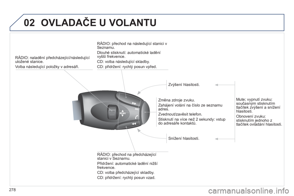 PEUGEOT 5008 2013  Návod na použití (in Czech) 278
02OVLADAČE U VOLANTU 
RÁDIO: naladění předcházející/následující uložené stanice. 
Volba následu
jící položky v adresáři.
   
Změna zdro
je zvuku. 
  Zahájení volání na čí