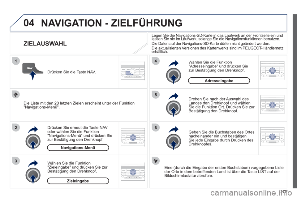 PEUGEOT 5008 2012 Betriebsanleitungen (in German) 277
04
1
2
3
5
6
4
NAVIGATION - ZIELFÜHRUNG
ZIELAUSWAHL
Drücken Sie erneut die Taste NAVoder wählen Sie die Funktion "Navigations-Menü" und drücken Sie
zur Bes PEUGEOT 5008 2012 Betriebsanleitungen (in German) 277
04
1
2
3
5
6
4
NAVIGATION - ZIELFÜHRUNG
ZIELAUSWAHL
Drücken Sie erneut die Taste NAVoder wählen Sie die Funktion "Navigations-Menü" und drücken Sie
zur Bes
