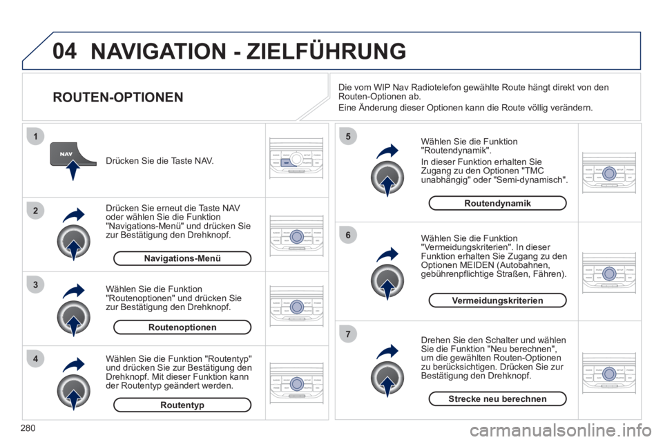 PEUGEOT 5008 2012 Betriebsanleitungen (in German) 280
04
4
3
2
1
7
6
5
NAVIGATION - ZIELFÜHRUNG
ROUTEN-OPTIONEN
Wählen Sie die Funktion "Routendynamik".
In dieser Funktion erhalten
SieZugang zu den Optionen "TMCunabhängig" oder "Semi- PEUGEOT 5008 2012 Betriebsanleitungen (in German) 280
04
4
3
2
1
7
6
5
NAVIGATION - ZIELFÜHRUNG
ROUTEN-OPTIONEN
Wählen Sie die Funktion "Routendynamik".
In dieser Funktion erhalten
SieZugang zu den Optionen "TMCunabhängig" oder "Semi-