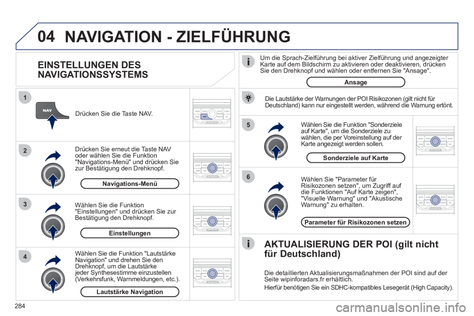PEUGEOT 5008 2012 Betriebsanleitungen (in German) 284
04
5
6
3 2 1
4
EINSTELLUNGEN DES
NAVIGATIONSSYSTEMS
Wählen Sie "Parameter für Risikozonen setzen" , um Zugriff auf
die Funktionen "Auf Karte zeigen" ,
"Visuelle Warnung" und "Ak PEUGEOT 5008 2012 Betriebsanleitungen (in German) 284
04
5
6
3 2 1
4
EINSTELLUNGEN DES
NAVIGATIONSSYSTEMS
Wählen Sie "Parameter für Risikozonen setzen" , um Zugriff auf
die Funktionen "Auf Karte zeigen" ,
"Visuelle Warnung" und "Ak