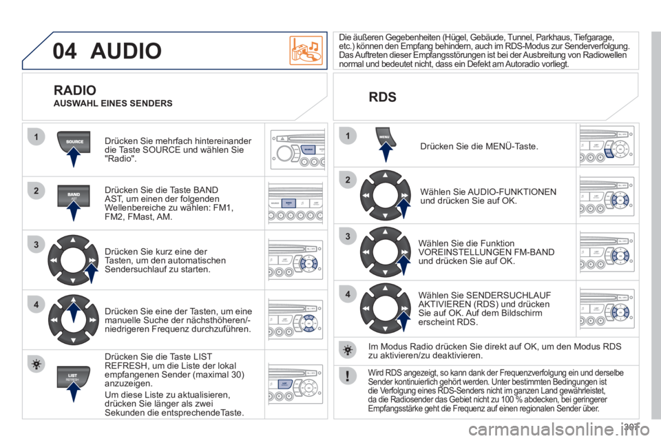 PEUGEOT 5008 2012 Betriebsanleitungen (in German) 307
04
1
2
3
4
1
2
3
4
SOURCE
BANDAST
LISTREFRESH
MENU
AUDIO
Drücken Sie mehrfach hintereinander
die Taste SOURCE und wählen Sie"Radio".
Drücken
Sie die Taste BANDAST, um einen der fol PEUGEOT 5008 2012 Betriebsanleitungen (in German) 307
04
1
2
3
4
1
2
3
4
SOURCE
BANDAST
LISTREFRESH
MENU
AUDIO
Drücken Sie mehrfach hintereinander
die Taste SOURCE und wählen Sie"Radio".
Drücken
Sie die Taste BANDAST, um einen der fol