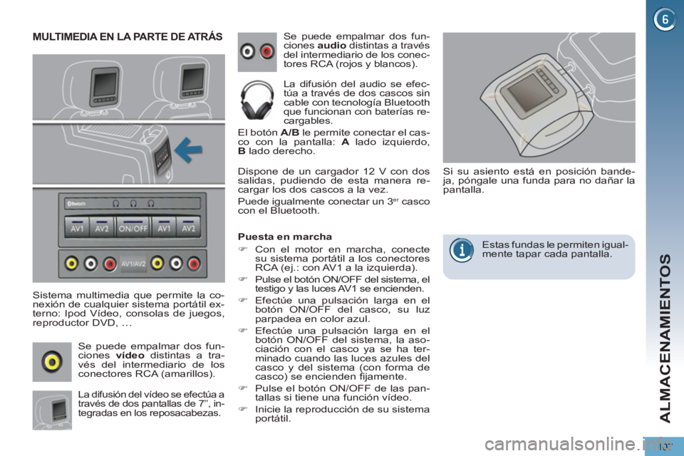 PEUGEOT 5008 2012  Manual del propietario (in Spanish) ALMACENAMIENTOS
107
MULTIMEDIA EN LA PARTE DE ATRÁS
   
Sistema multimedia que permite la co-
nexión de cualquier sistema portátil ex-
terno: Ipod Vídeo, consolas de juegos, 
reproductor DVD, … 