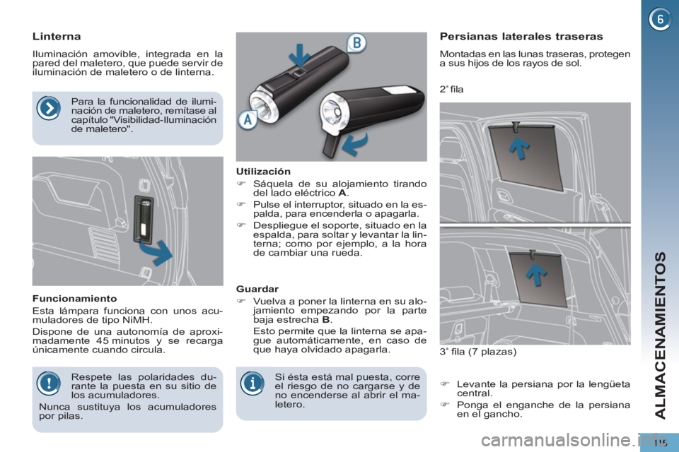 PEUGEOT 5008 2012  Manual del propietario (in Spanish) ALMACENAMIENTOS
115
   
 
 
 
 
 
 
 
 
Linterna 
 
Iluminación amovible, integrada en la 
pared del maletero, que puede servir de 
iluminación de maletero o de linterna. 
   
Funcionamiento 
  Esta