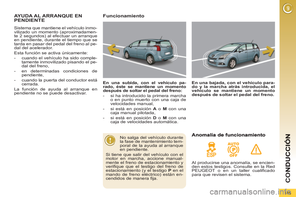 PEUGEOT 5008 2012 Manual del propietario (in Spanish) CO
145
AYUDA AL ARRANQUE ENPENDIENTE
Sistema que mantiene el vehículo inmo-
vilizado un momento (aproximadamen-
te 2 segundos) al efectuar un arranque
en pendiente, durante el tiempo que se
tarda PEUGEOT 5008 2012 Manual del propietario (in Spanish) CO
145
AYUDA AL ARRANQUE ENPENDIENTE
Sistema que mantiene el vehículo inmo-
vilizado un momento (aproximadamen-
te 2 segundos) al efectuar un arranque
en pendiente, durante el tiempo que se
tarda