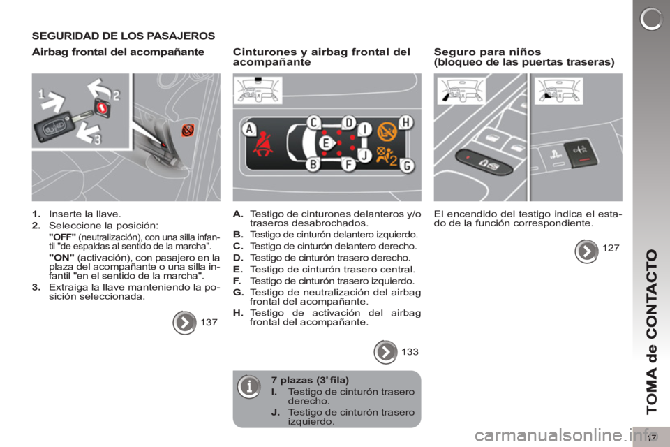 PEUGEOT 5008 2012 Manual del propietario (in Spanish) TO
M
17
SEGURIDAD DE LOS PASAJEROS
Airbag frontal del acompañante
1.
Inserte la llave.
2.
Seleccione la posición:
"OFF"
(neutralización), con una silla infan-
til "de espa PEUGEOT 5008 2012 Manual del propietario (in Spanish) TO
M
17
SEGURIDAD DE LOS PASAJEROS
Airbag frontal del acompañante
1.
Inserte la llave.
2.
Seleccione la posición:
"OFF"
(neutralización), con una silla infan-
til "de espa