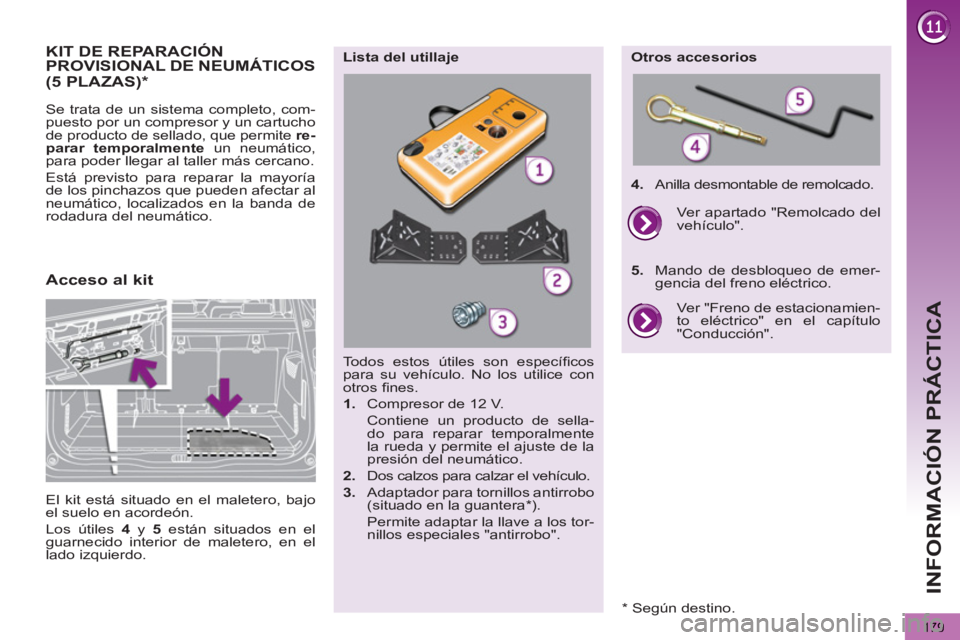 PEUGEOT 5008 2012  Manual del propietario (in Spanish)  
INFORMACIÓN PRÁCTICA
179
KIT DE REPARACIÓN PROVISIONAL DE NEUMÁTICOS
  Se trata de un sistema completo, com-
puesto por un compresor y un cartucho 
de producto de sellado, que permite  re-
parar