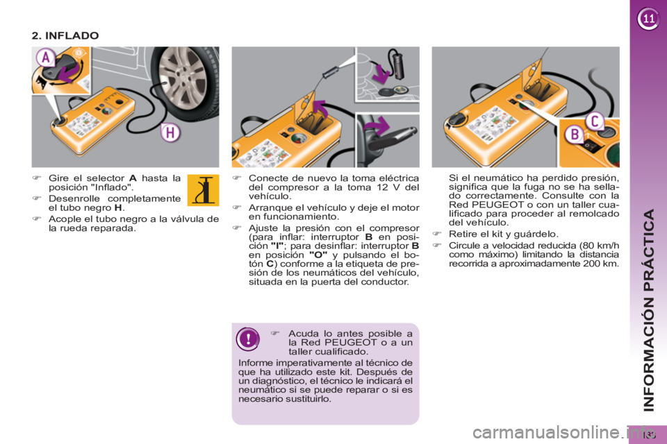 PEUGEOT 5008 2012  Manual del propietario (in Spanish) INFORMACIÓN PRÁCTICA
183
   
�) 
  Conecte de nuevo la toma eléctrica 
del compresor a la toma 12 V del 
vehículo. 
   
�) 
  Arranque el vehículo y deje el motor 
en funcionamiento. 
   
�) 
  A