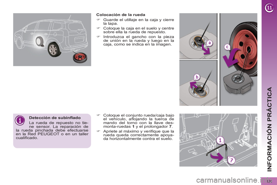 PEUGEOT 5008 2012  Manual del propietario (in Spanish) INFORMACIÓN PRÁCTICA
191
   
Detección de subinﬂ ado 
  La rueda de repuesto no tie-
ne sensor. La reparación de 
la rueda pinchada debe efectuarse 
en la Red PEUGEOT o en un taller 
cualiﬁ ca