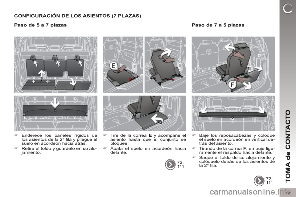 PEUGEOT 5008 2012  Manual del propietario (in Spanish) TO
M
19
CONFIGURACIÓN DE LOS ASIENTOS (7 PLAZAS)
  72, 
111       
�) 
  Tire de la correa  E 
 y acompañe el 
asiento hasta que el conjunto se 
bloquee. 
   
�) 
  Abata el suelo en acordeón hacia