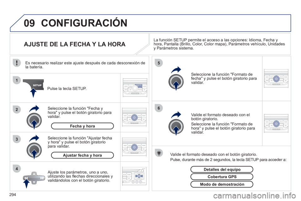 PEUGEOT 5008 2012 Manual del propietario (in Spanish) 294
09
4 3 2 1
65
CONFIGURACIÓN
AJUSTE DE LA FECHA Y LA HORA La función SETUP permite el acceso a las opciones: Idioma, Fecha y
hora, Pantalla (Brillo, Color, Color PEUGEOT 5008 2012 Manual del propietario (in Spanish) 294
09
4 3 2 1
65
CONFIGURACIÓN
AJUSTE DE LA FECHA Y LA HORA La función SETUP permite el acceso a las opciones: Idioma, Fecha y
hora, Pantalla (Brillo, Color, Color