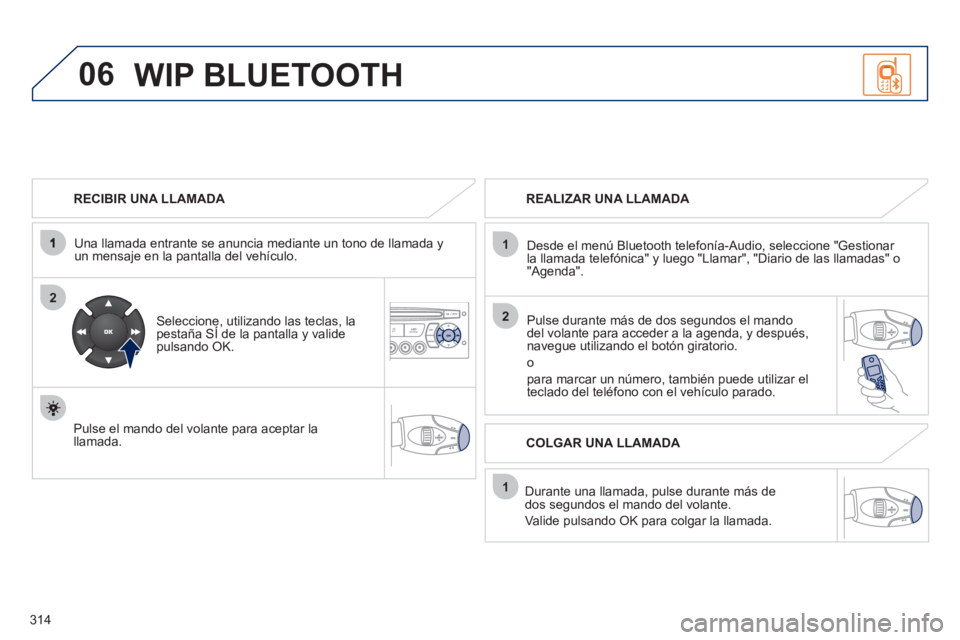 PEUGEOT 5008 2012 Manual del propietario (in Spanish) 314
06
2
1
2
1
OK
RECIBIR UNA LLAMADA
Una llamada entrante se anuncia mediante un tono de llamada
yun mensaje en la pantalla del vehículo.
Seleccione, utilizando las teclas, lapesta PEUGEOT 5008 2012 Manual del propietario (in Spanish) 314
06
2
1
2
1
OK
RECIBIR UNA LLAMADA
Una llamada entrante se anuncia mediante un tono de llamada
yun mensaje en la pantalla del vehículo.
Seleccione, utilizando las teclas, lapesta