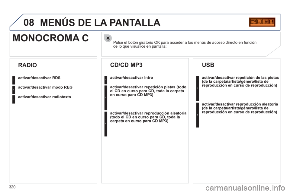 PEUGEOT 5008 2012 Manual del propietario (in Spanish) 320
08MENÚS DE LA PANTALLA
Pulse el botón giratorio OK para acceder a los menús de acceso directo en función de lo que visualice en pantalla:
MONOCROMA C
activar/desactivar RDS
activar/desactiva PEUGEOT 5008 2012 Manual del propietario (in Spanish) 320
08MENÚS DE LA PANTALLA
Pulse el botón giratorio OK para acceder a los menús de acceso directo en función de lo que visualice en pantalla:
MONOCROMA C
activar/desactivar RDS
activar/desactiva