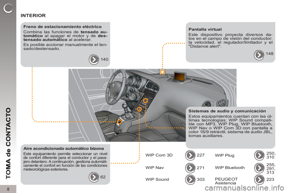 PEUGEOT 5008 2012  Manual del propietario (in Spanish) TO
M
8
  INTERIOR  
 
 
Freno de estacionamiento eléctrico 
  Combina las funciones de  tensado au-
tomático 
 al apagar el motor y de  des-
tensado automático 
 al acelerar. 
  Es posible accionar