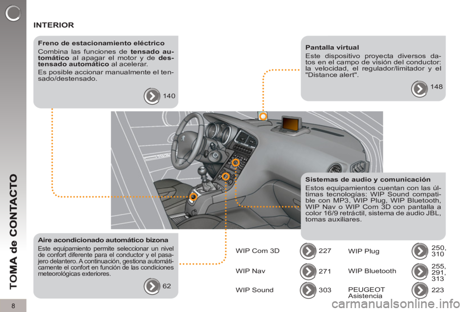 PEUGEOT 5008 2012 Manual del propietario (in Spanish) TO
M
8
INTERIOR
Freno de estacionamiento eléctrico
Combina las funciones de tensado au-
tomático
al apagar el motor y de des-
tensado automático
al acelerar.
Es posible accionar PEUGEOT 5008 2012 Manual del propietario (in Spanish) TO
M
8
INTERIOR
Freno de estacionamiento eléctrico
Combina las funciones de tensado au-
tomático
al apagar el motor y de des-
tensado automático
al acelerar.
Es posible accionar