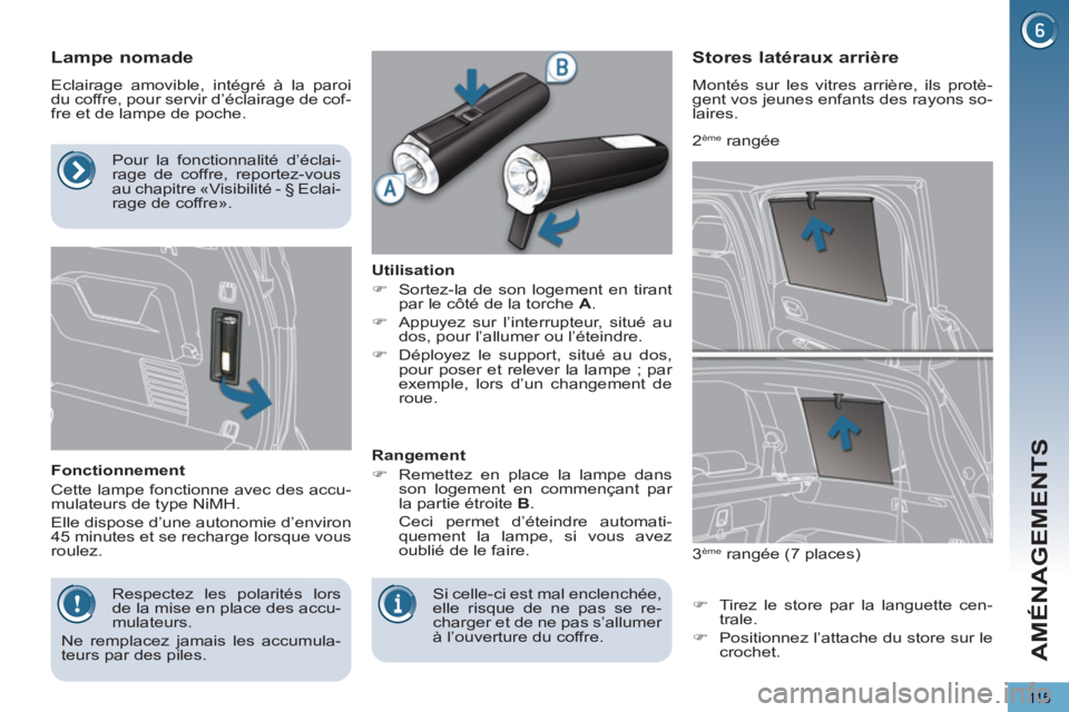 PEUGEOT 5008 2012  Manuel du propriétaire (in French) AMÉNAGEMENTS
115
   
 
 
 
 
 
 
 
 
Lampe nomade 
 
Eclairage amovible, intégré à la paroi 
du coffre, pour servir d’éclairage de cof-
fre et de lampe de poche. 
   
Fonctionnement 
  Cette la