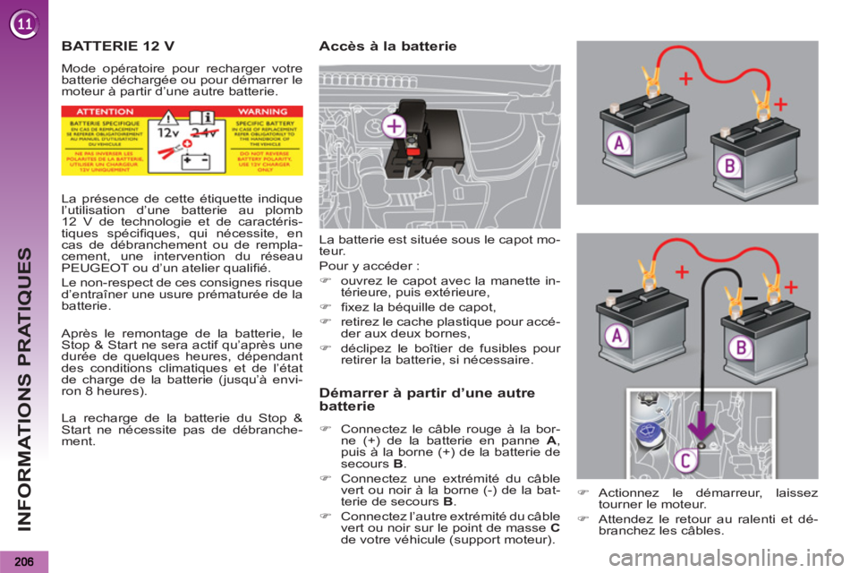 PEUGEOT 5008 2012  Manuel du propriétaire (in French) INFORMATIONS PRATIQUES
BATTERIE 12 V
  Mode opératoire pour recharger votre 
batterie déchargée ou pour démarrer le 
moteur à partir d’une autre batterie. 
   
Accès à la batterie 
   
Démar