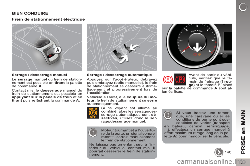 PEUGEOT 5008 2012  Manuel du propriétaire (in French) PR
I
21
BIEN CONDUIRE
Frein de stationnement électri
que 
   
Serrage / desserrage manuel 
  Le  serrage 
 manuel du frein de station-
nement est possible en  tirant 
 la palette 
de commande  A 
. 
