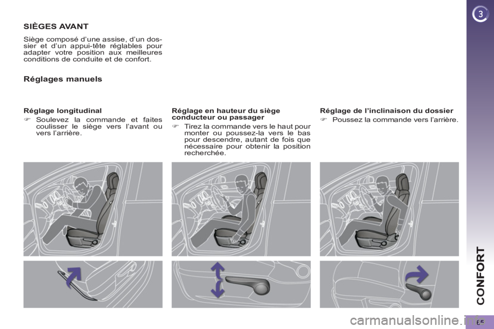 PEUGEOT 5008 2012  Manuel du propriétaire (in French) CO
65
SIÈGES AVANT 
  Siège composé d’une assise, d’un dos-
sier et d’un appui-tête réglables pour 
adapter votre position aux meilleures 
conditions de conduite et de confort. 
   
Réglag
