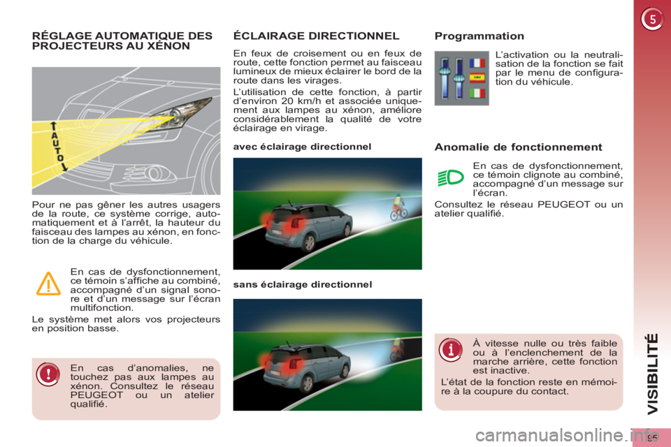 PEUGEOT 5008 2012  Manuel du propriétaire (in French) VIS
95
ÉCLAIRAGE DIRECTIONNEL 
  En feux de croisement ou en feux de 
route, cette fonction permet au faisceau 
lumineux de mieux éclairer le bord de la 
route dans les virages. 
  L’utilisation d