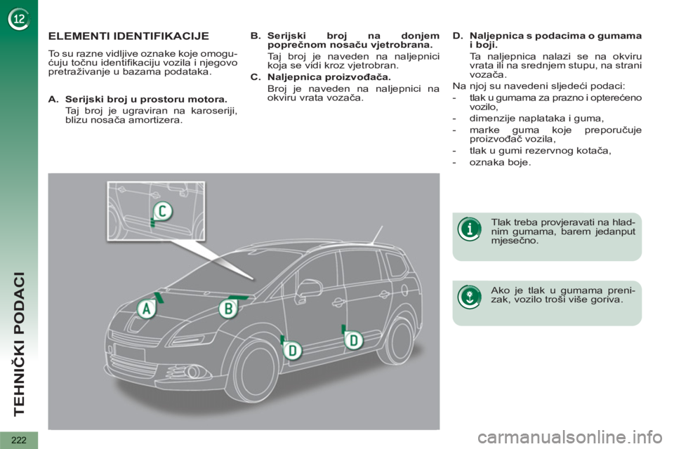 PEUGEOT 5008 2012 Upute Za Rukovanje (in Croatian) TEHNIČKI PODACI
222
ELEMENTI IDENTIFIKACIJE
To su razne vidljive oznake koje omogu-
ćuju točnu identifi kaciju vozila i njegovo
pretraživanje u bazama podataka.
Ako je tlak u gumama pren PEUGEOT 5008 2012 Upute Za Rukovanje (in Croatian) TEHNIČKI PODACI
222
ELEMENTI IDENTIFIKACIJE
To su razne vidljive oznake koje omogu-
ćuju točnu identifi kaciju vozila i njegovo
pretraživanje u bazama podataka.
Ako je tlak u gumama pren