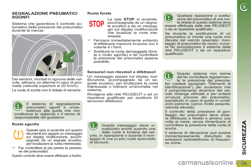 PEUGEOT 5008 2012 Manuale duso (in Italian) SI
C
129
SEGNALAZIONE PNEUMATICI
SGONFI
Sistema che garantisce il controllo au-
tomatico della pressione dei pneumatici
durante la marcia.
Qualsiasi riparazione o sostitu-
zione del pneumatic PEUGEOT 5008 2012 Manuale duso (in Italian) SI
C
129
SEGNALAZIONE PNEUMATICI
SGONFI
Sistema che garantisce il controllo au-
tomatico della pressione dei pneumatici
durante la marcia.
Qualsiasi riparazione o sostitu-
zione del pneumatic