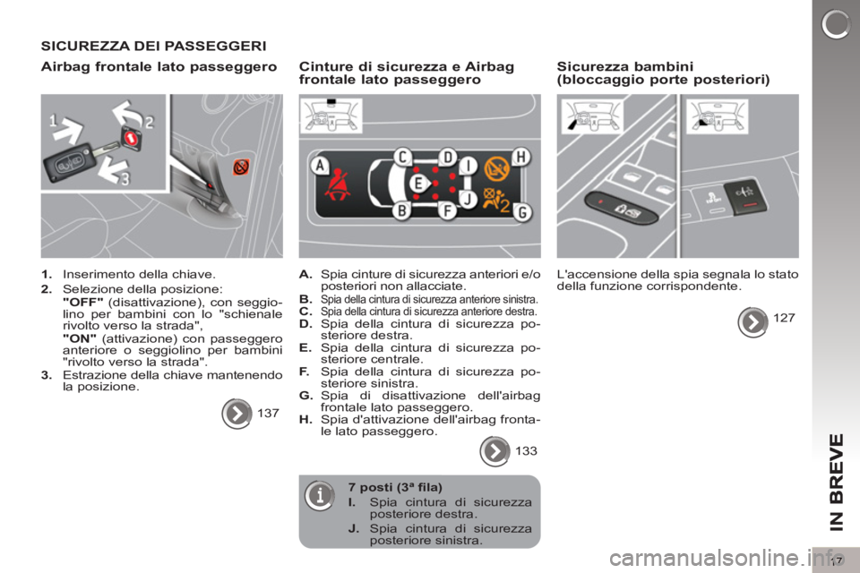 PEUGEOT 5008 2012 Manuale duso (in Italian) IN B
17
SICUREZZA DEI PASSEGGERI
Airbag frontale lato passeggero
1.
Inserimento della chiave.
2.
Selezione della posizione:
"OFF"
(disattivazione), con seggio-
lino per bambini PEUGEOT 5008 2012 Manuale duso (in Italian) IN B
17
SICUREZZA DEI PASSEGGERI
Airbag frontale lato passeggero
1.
Inserimento della chiave.
2.
Selezione della posizione:
"OFF"
(disattivazione), con seggio-
lino per bambini