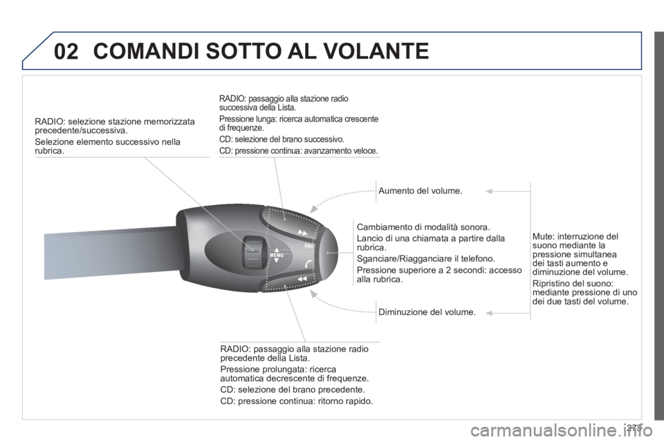 PEUGEOT 5008 2012  Manuale duso (in Italian) 273
02  COMANDI SOTTO AL VOLANTE 
RADIO: selezione stazione memorizzata 
precedente/successiva. 
Selezione elemento successivo nellarubrica.  
 
 
RADIO: passaggio alla stazione radio successiva della