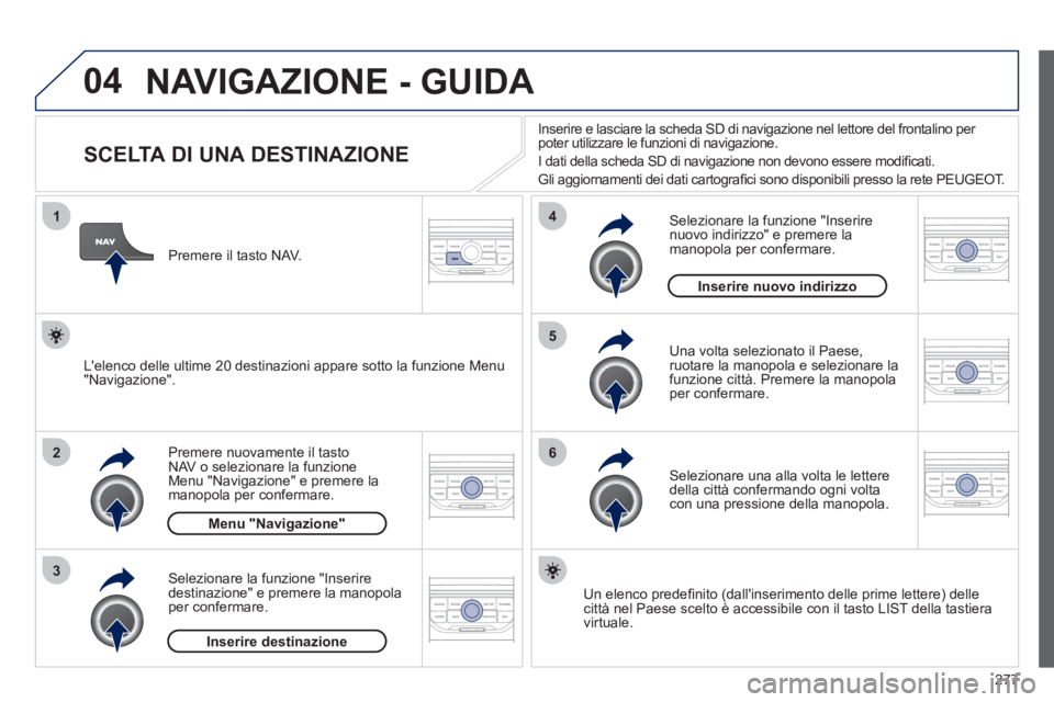 PEUGEOT 5008 2012  Manuale duso (in Italian) 277
04
1
2
3
5
6
4
  NAVIGAZIONE - GUIDA 
 
 
 
 
 
 
 
 
 
 
 
 
 
 
 
 
SCELTA DI UNA DESTINAZIONE 
Premere nuovamente il tasto 
NAV o selezionare la funzioneMenu "Navigazione" e premere la
manopola