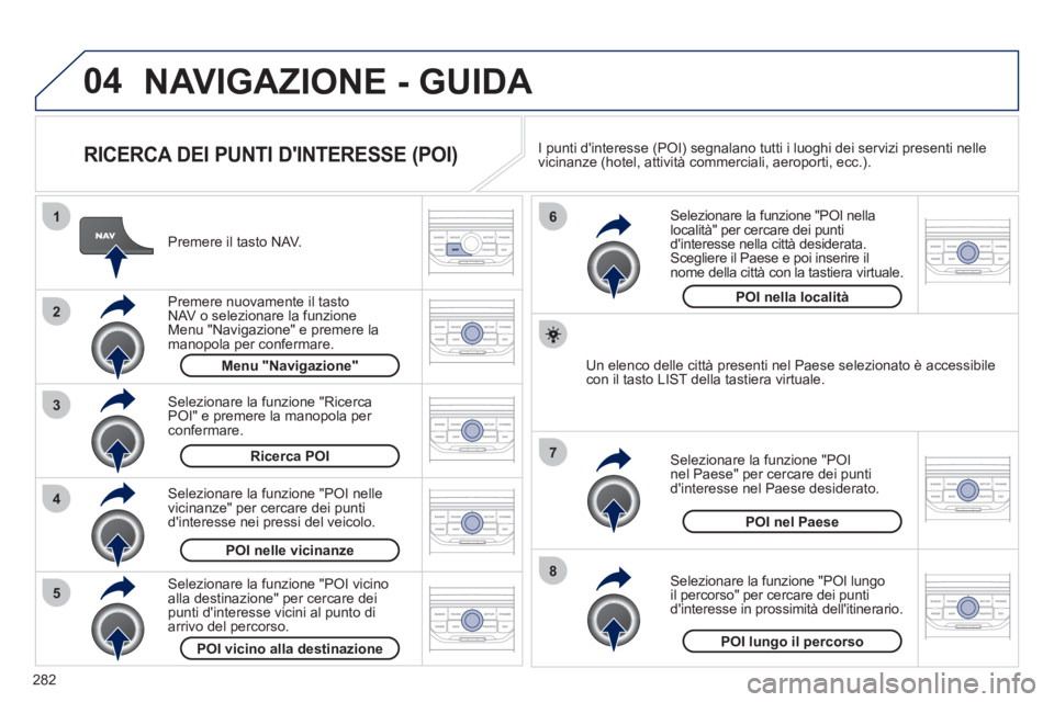 PEUGEOT 5008 2012  Manuale duso (in Italian) 282
04
8
6
7
4
3
5
2
1
NAVIGAZIONE - GUIDA 
   
RICERCA DEI PUNTI DINTERESSE (POI) 
 
 
Premere il tasto NAV.  
   
Premere nuovamente il tasto NAV  o selezionare la funzione Menu "Navigazione" e pre