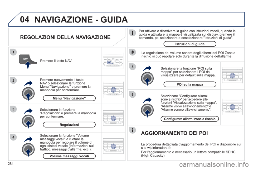 PEUGEOT 5008 2012  Manuale duso (in Italian) 284
04
5
6
3 2 1
4
   
REGOLAZIONI DELLA NAVIGAZIONE 
 
 Selezionare "Conﬁ gurare allarmi 
zone a rischio" per accedere alle 
funzioni "Visualizzazione sulla mappa", "Allarme visivo allavvicinament