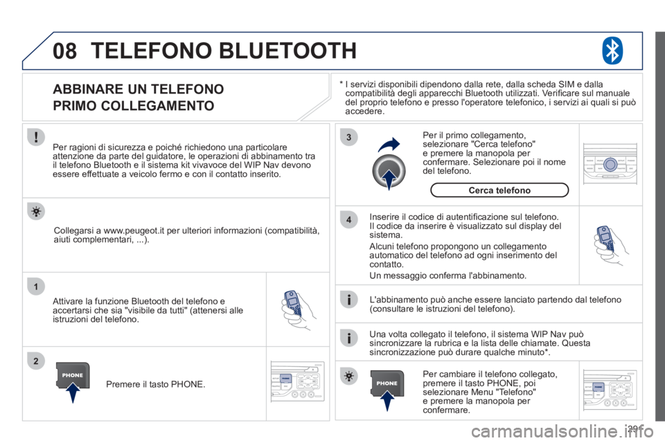 PEUGEOT 5008 2012 Manuale duso (in Italian) 291
08
1
2
3
4
TELEFONO BLUETOOTH
*
I servizi disponibili dipendono dalla rete, dalla scheda SIM e dalla compatibilità degli apparecchi Bluetooth utilizzati. Verifi care sul manuale
del proprio PEUGEOT 5008 2012 Manuale duso (in Italian) 291
08
1
2
3
4
TELEFONO BLUETOOTH
*
I servizi disponibili dipendono dalla rete, dalla scheda SIM e dalla compatibilità degli apparecchi Bluetooth utilizzati. Verifi care sul manuale
del proprio