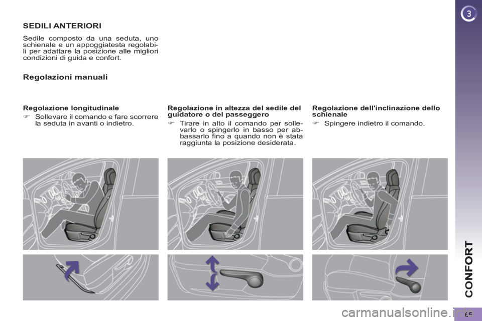 PEUGEOT 5008 2012  Manuale duso (in Italian) CO
65
SEDILI ANTERIORI 
  Sedile composto da una seduta, uno 
schienale e un appoggiatesta regolabi-
li per adattare la posizione alle migliori 
condizioni di guida e confort. 
   
Regolazione longitu