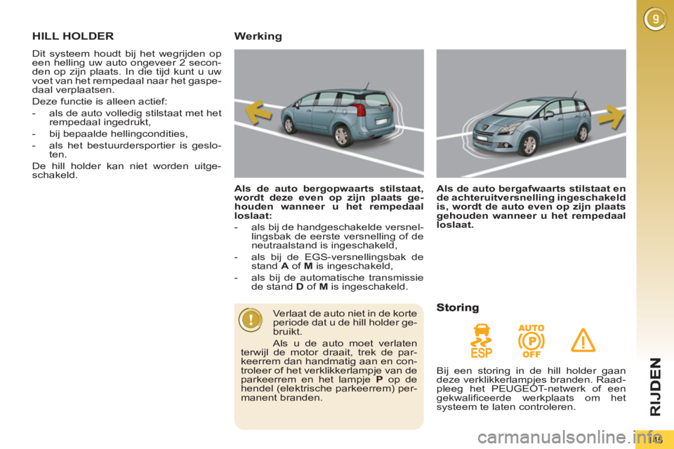 PEUGEOT 5008 2012 Instructieboekje (in Dutch) RIJ
145
HILL HOLDER
Dit systeem houdt bij het wegrijden op
een helling uw auto ongeveer 2 secon-
den op zijn plaats. In die tijd kunt u uw
voet van het rempedaal naar het gaspe-
daal verplaatsen. PEUGEOT 5008 2012 Instructieboekje (in Dutch) RIJ
145
HILL HOLDER
Dit systeem houdt bij het wegrijden op
een helling uw auto ongeveer 2 secon-
den op zijn plaats. In die tijd kunt u uw
voet van het rempedaal naar het gaspe-
daal verplaatsen.
