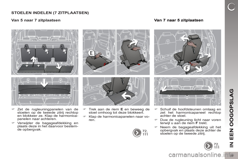 PEUGEOT 5008 2012  Instructieboekje (in Dutch) IN 
E
19
STOELEN INDELEN (7 ZITPLAATSEN)
  72, 
111       
�) 
  Trek aan de riem  E 
 en beweeg de 
stoel omhoog tot deze blokkeert. 
   
�) 
  Klap de harmonicapanelen naar vo-
ren.     
 
�) 
  Sch