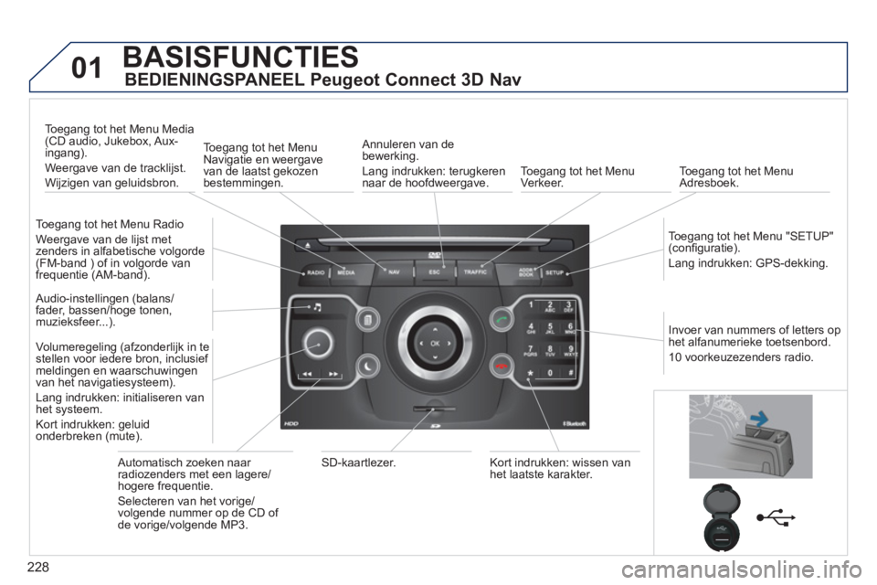 PEUGEOT 5008 2012 Instructieboekje (in Dutch) 228
01BASISFUNCTIES
BEDIENINGSPANEEL Peugeot Connect 3D Nav
To egang tot het Menu Radio
Weer
gave van de lijst met zenders in alfabetische volgorde (FM-band ) of in volgorde van
frequenti PEUGEOT 5008 2012 Instructieboekje (in Dutch) 228
01BASISFUNCTIES
BEDIENINGSPANEEL Peugeot Connect 3D Nav
To egang tot het Menu Radio
Weer
gave van de lijst met zenders in alfabetische volgorde (FM-band ) of in volgorde van
frequenti