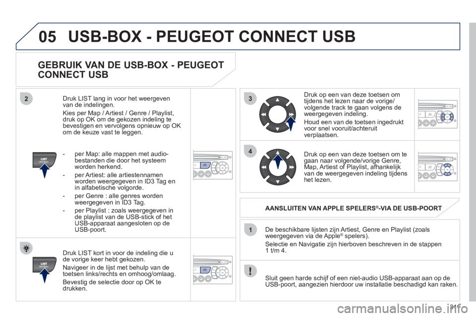 PEUGEOT 5008 2012  Instructieboekje (in Dutch) 311
3
4
05
2
1
LISTREFRESH
LISTREFRESH
   
GEBRUIK VAN DE USB-BOX - PEUGEOT 
CONNECT USB 
   
Druk LIST kort in voor de indeling die u de vorige keer hebt gekozen. 
  Navi
geer in de lijst met behulp 