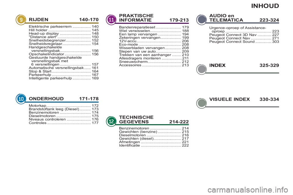 PEUGEOT 5008 2012  Instructieboekje (in Dutch) INHOUD
325-329 RIJDEN 140-17
0
ONDERHOUD 171-178
PRAKTISCHE
INFORMATIE 179-213
TECHNISCHE
GEGEVENS 214-222
AUDIO en TELEMATICA 223-324
Elektrische parkeerrem................140Hill holder.............