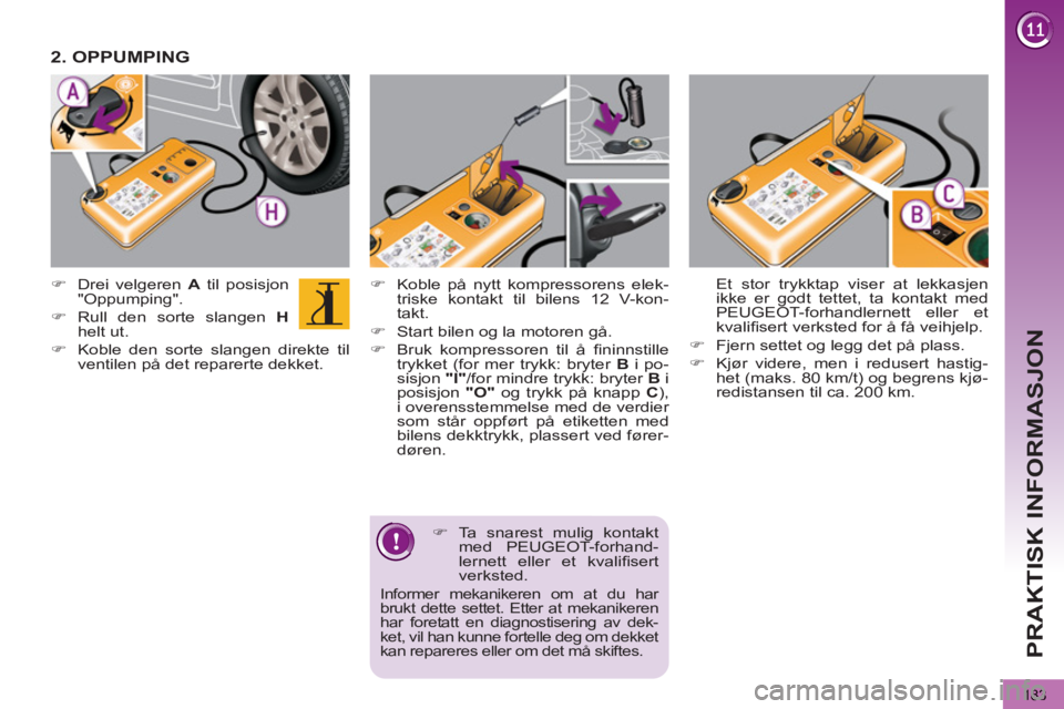 PEUGEOT 5008 2012  Instruksjoner for bruk (in Norwegian) PRAKTISK INFORMASJON
183
   
�) 
  Koble på nytt kompressorens elek-
triske kontakt til bilens 12 V-kon-
takt. 
   
�) 
  Start bilen og la motoren gå. 
   
�) 
  Bruk kompressoren til å ﬁ ninnst
