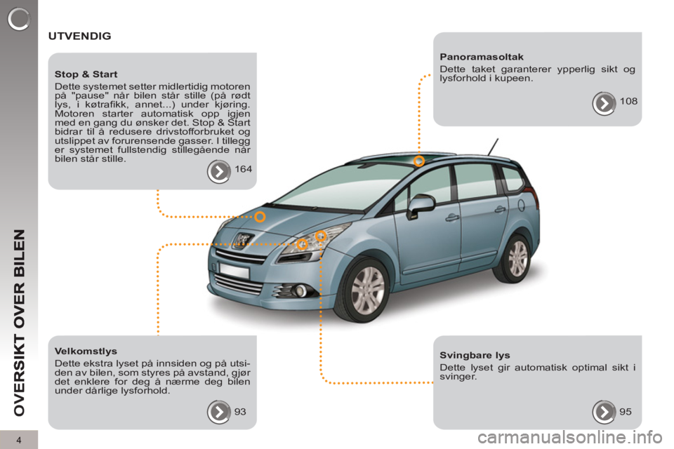 PEUGEOT 5008 2012  Instruksjoner for bruk (in Norwegian) OV
E
4
  UTVENDIG  
 
 
Velkomstlys 
  Dette ekstra lyset på innsiden og på utsi-
den av bilen, som styres på avstand, gjør 
det enklere for deg å nærme deg bilen 
under dårlige lysforhold. 
  