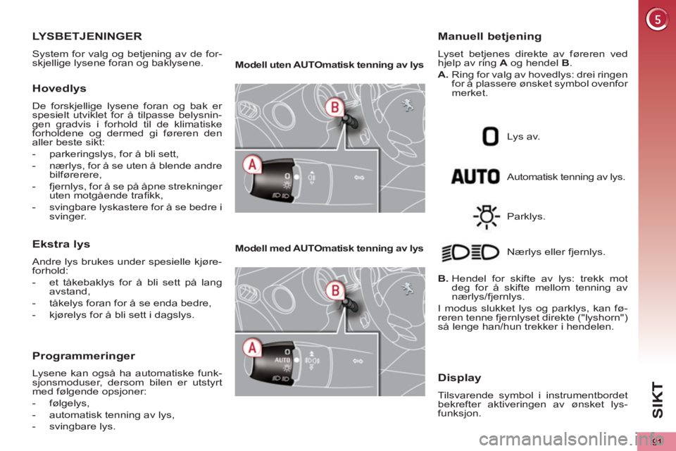 PEUGEOT 5008 2012 Instruksjoner for bruk (in Norwegian) SIK
91
LYSBETJENINGER
System for valg og betjening av de for-
skjellige lysene foran og baklysene.
Hovedlys
De forskjellige lysene foran og bak er
spesielt utviklet for å tilpasse belysnin-
ge PEUGEOT 5008 2012 Instruksjoner for bruk (in Norwegian) SIK
91
LYSBETJENINGER
System for valg og betjening av de for-
skjellige lysene foran og baklysene.
Hovedlys
De forskjellige lysene foran og bak er
spesielt utviklet for å tilpasse belysnin-
ge