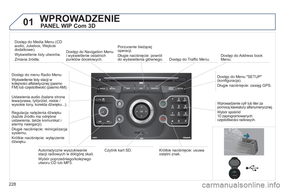 PEUGEOT 5008 2012  Instrukcja obsługi (in Polish) 228
01WPROWADZENIE
   
PANEL WIP Com 3D 
 
 Dostęp do menu Radio Menu 
  W
yświetlenie listy stacji w 
kolejności alfabetycznej (pasmo 
FM) lub częstotliwość (pasmo AM).  
  Dostęp do Media Men