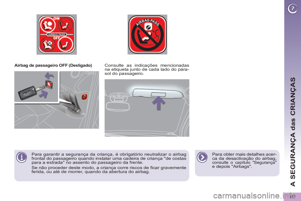 PEUGEOT 5008 2012  Manual de utilização (in Portuguese) A SEGURANÇA das CRIANÇAS
11 7
   
 
Airbag de passageiro OFF (Desligado)  
 
 
 
Para obter mais detalhes acer-
ca da desactivação do airbag, 
consulte o capítulo "Segurança" e depois "Airbags".