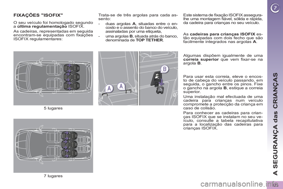 PEUGEOT 5008 2012 Manual de utilização (in Portuguese) A SEGURANÇA das CRIANÇAS
123
FIXAÇÕES "ISOFIX"
O seu veículo foi homologado segundo
a última regulamentação
ISOFIX.
As cadeiras, representadas em seguida
encontram-se equipadas com PEUGEOT 5008 2012 Manual de utilização (in Portuguese) A SEGURANÇA das CRIANÇAS
123
FIXAÇÕES "ISOFIX"
O seu veículo foi homologado segundo
a última regulamentação
ISOFIX.
As cadeiras, representadas em seguida
encontram-se equipadas com
