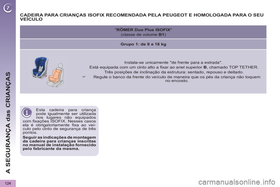 PEUGEOT 5008 2012 Manual de utilização (in Portuguese) A SEGURANÇA das CRIANÇAS
124
Esta cadeira para criança
pode igualmente ser utilizada
nos lugares não equipados
com fi xações ISOFIX. Nesses casos
ela é obrigatoriamente fi xa ao veí-
c PEUGEOT 5008 2012 Manual de utilização (in Portuguese) A SEGURANÇA das CRIANÇAS
124
Esta cadeira para criança
pode igualmente ser utilizada
nos lugares não equipados
com fi xações ISOFIX. Nesses casos
ela é obrigatoriamente fi xa ao veí-
c