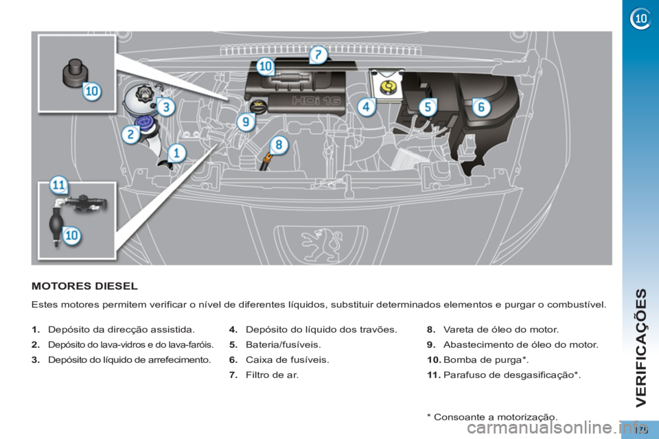 PEUGEOT 5008 2012  Manual de utilização (in Portuguese) VERIFICAÇÕES
175
MOTORES DIESEL 
  Estes motores permitem veriﬁ car o nível de diferentes líquidos, substituir determinados elementos e purgar o combustível. 
   
 
1. 
  Depósito da direcçã