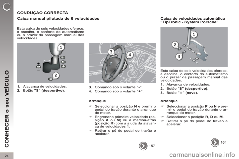 PEUGEOT 5008 2012  Manual de utilização (in Portuguese) CO
24
  157  
 
 
CONDUÇÃO CORRECTA 
   
Caixa manual 
pilotada de 6 velocidades
 
 
Esta caixa de seis velocidades oferece, 
à escolha, o conforto do automatismo 
ou o prazer da passagem manual da