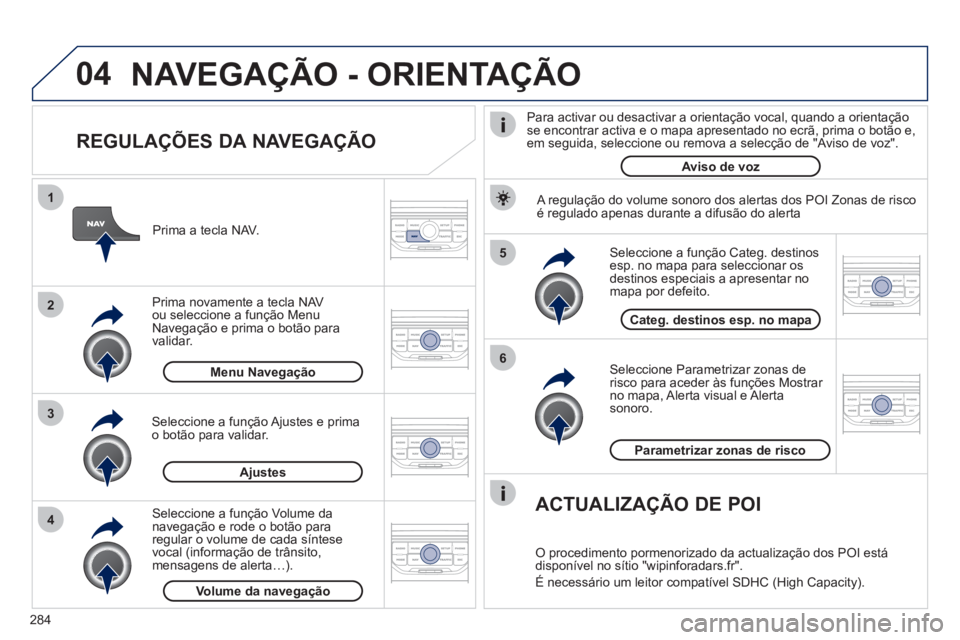 PEUGEOT 5008 2012 Manual de utilização (in Portuguese) 284
04
5
6
3 2 1
4
REGULAÇÕES DA NAVEGAÇÃO
Seleccione Parametrizar zonas de risco para aceder às funções Mostrar no mapa , Alerta visual
e Alerta sonoro
.
Seleccione a fun PEUGEOT 5008 2012 Manual de utilização (in Portuguese) 284
04
5
6
3 2 1
4
REGULAÇÕES DA NAVEGAÇÃO
Seleccione Parametrizar zonas de risco para aceder às funções Mostrar no mapa , Alerta visual
e Alerta sonoro
.
Seleccione a fun