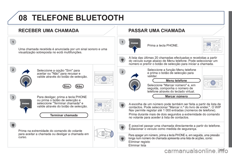 PEUGEOT 5008 2012 Manual de utilização (in Portuguese) 293
08
1
3 2
2 1Seleccione a opção "Sim" paraaceitar ou "Não"
para recusar e
valide através do botão de selecção.
RECEBER UMA CHAMADA
PASSAR UMA CHAMADA
Uma chamada recebida PEUGEOT 5008 2012 Manual de utilização (in Portuguese) 293
08
1
3 2
2 1Seleccione a opção "Sim" paraaceitar ou "Não"
para recusar e
valide através do botão de selecção.
RECEBER UMA CHAMADA
PASSAR UMA CHAMADA
Uma chamada recebida