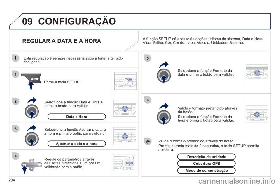 PEUGEOT 5008 2012 Manual de utilização (in Portuguese) 294
09
4 3 2 1
65
CONFIGURAÇÃO
REGULAR A DATA E A HORA
A função SETUP dá acesso às opções: Idioma do sistema , Data e Hora ,
Visor , Brilho , Cor , PEUGEOT 5008 2012 Manual de utilização (in Portuguese) 294
09
4 3 2 1
65
CONFIGURAÇÃO
REGULAR A DATA E A HORA
A função SETUP dá acesso às opções: Idioma do sistema , Data e Hora ,
Visor , Brilho , Cor ,